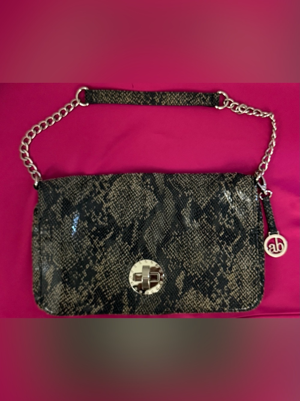 Audrey Brooke Black and Brown Leather Snakeskin Print Chain Shoulder Bag